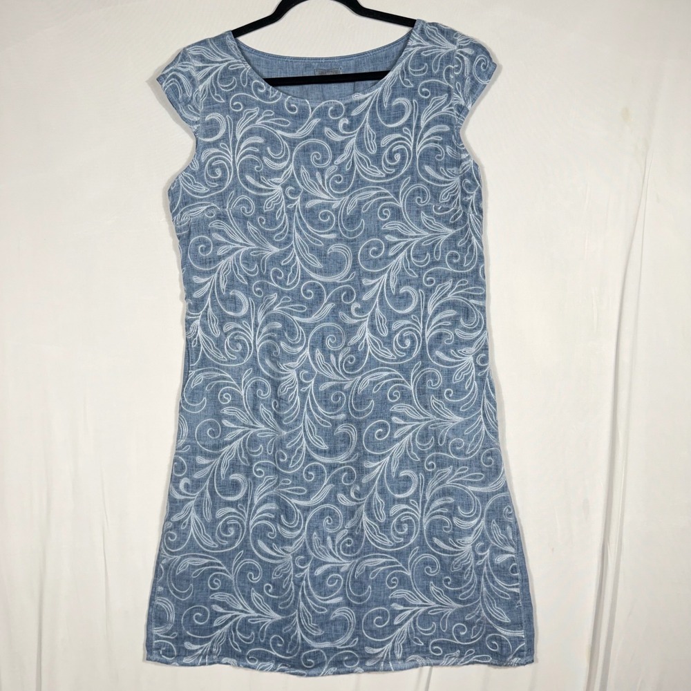 Lina Tomei Italy Blue Linen Embroidered Shift Mini Dress Pockets XL Coastal Boho